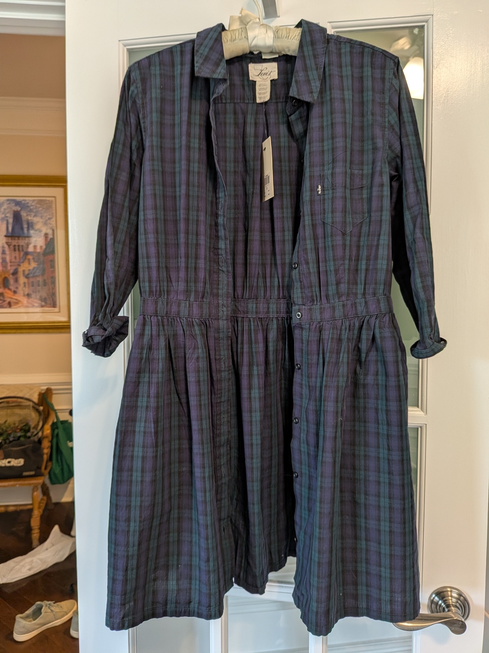 Levi's NWT Plaid Long-Sleeve Shirt Dress Navy Green Size M 100% Cotton 667950003